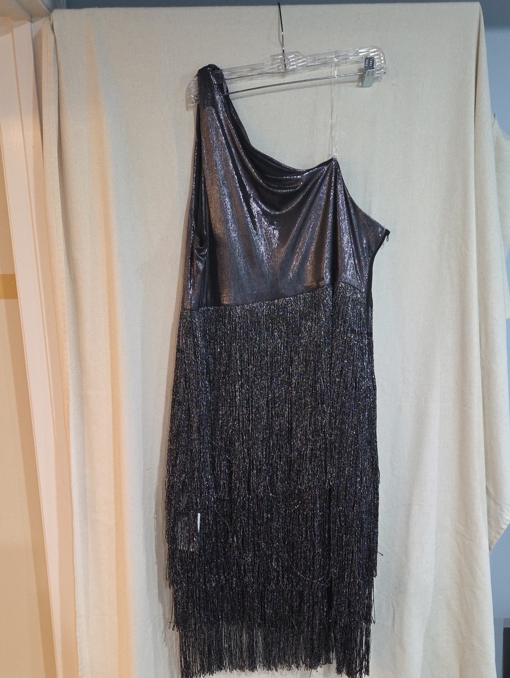 Black One-Shoulder Metallic Fringe Evening Dress